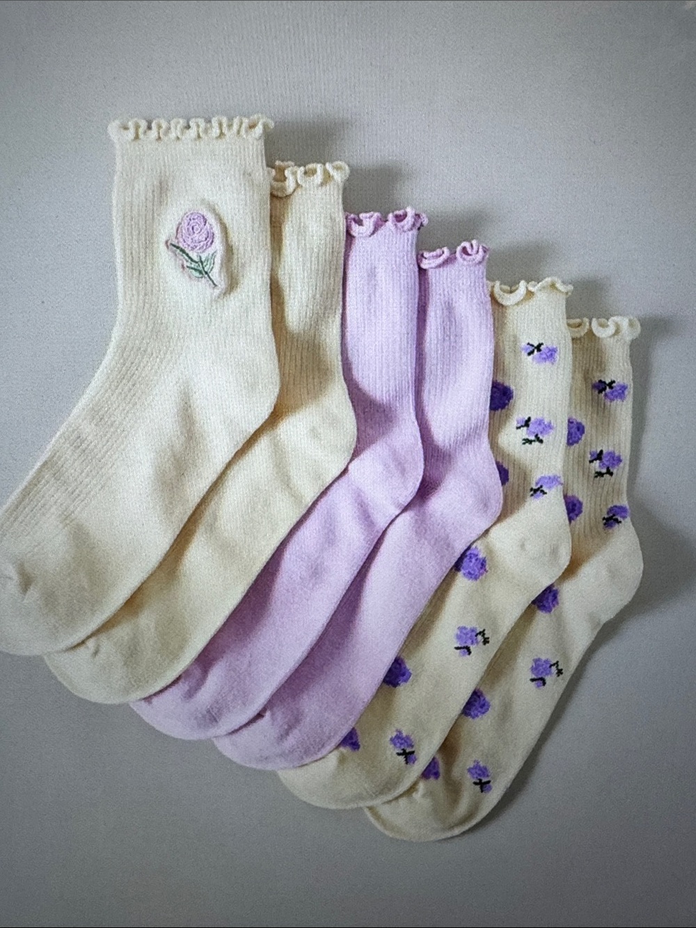 Urban Outfitters Cream & Lavender Floral Ruffle Crew Socks (3-Pack)